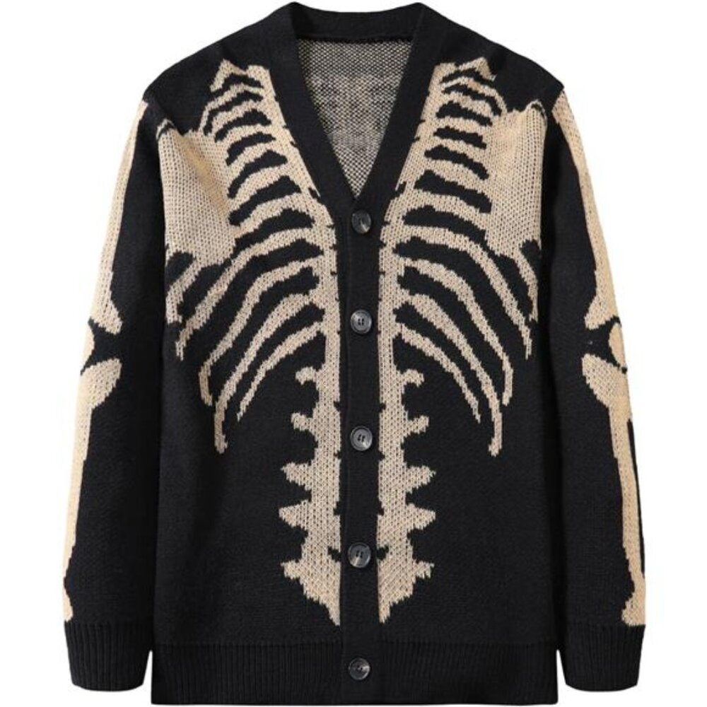 Men's Skeleton Print Long Sleeve Cardigan Sweaters V Neck Button Down Coat